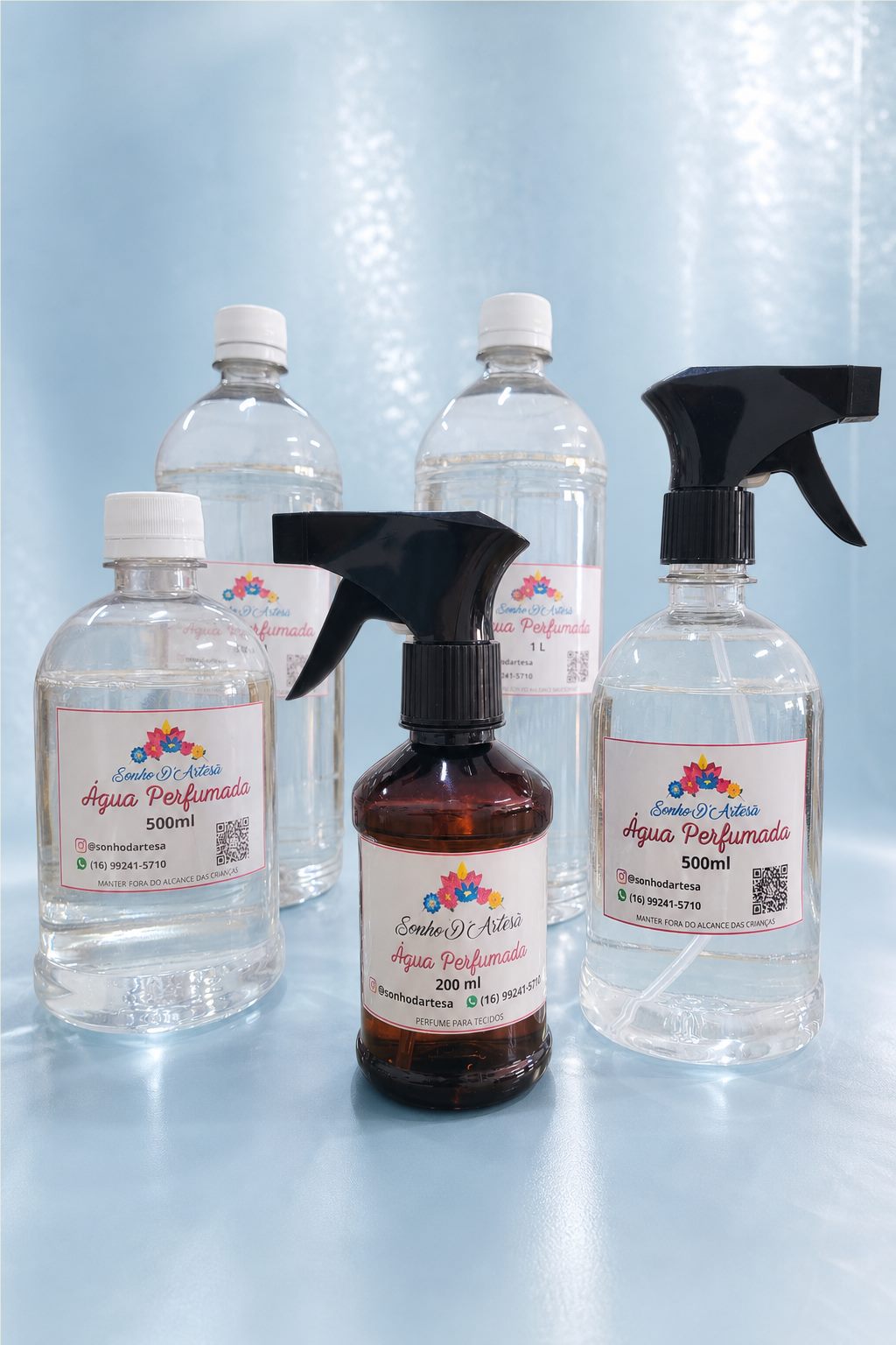 Água perfumada para tecidos Sonho D’Artesã em embalagens de 200 ml, 500 ml e 1 litro