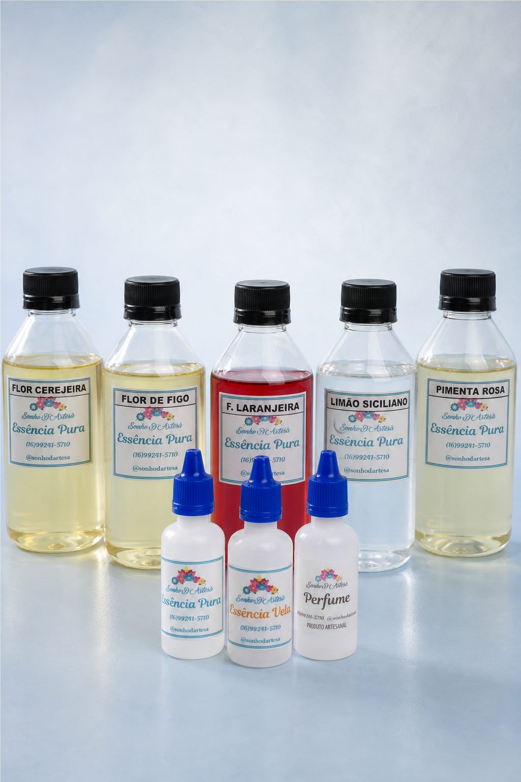 Seleção de essências Sonho D’Artesã em frascos de 100 ml e 30 ml