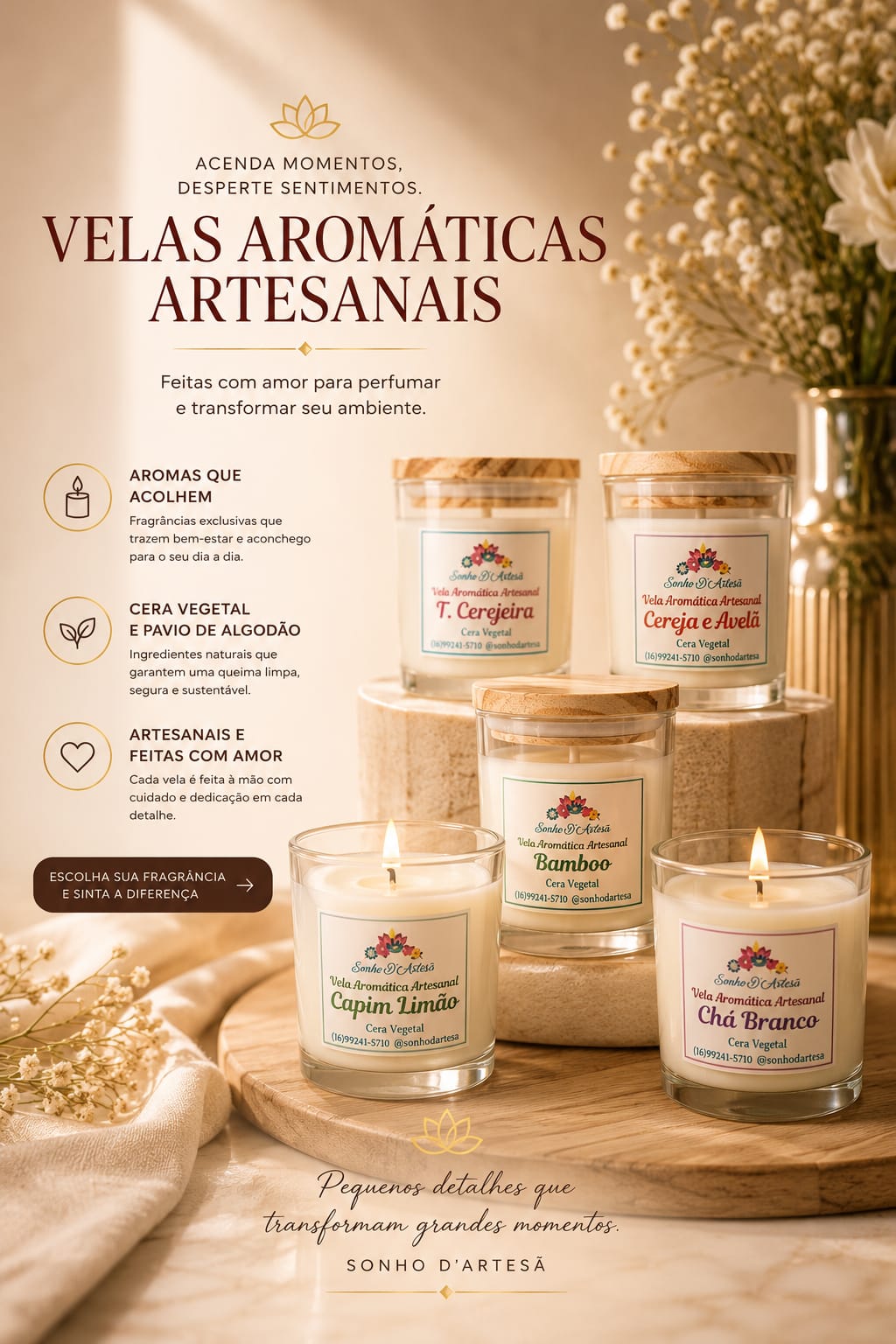 Publicação da Sonho D’Artesã sobre velas aromáticas artesanais