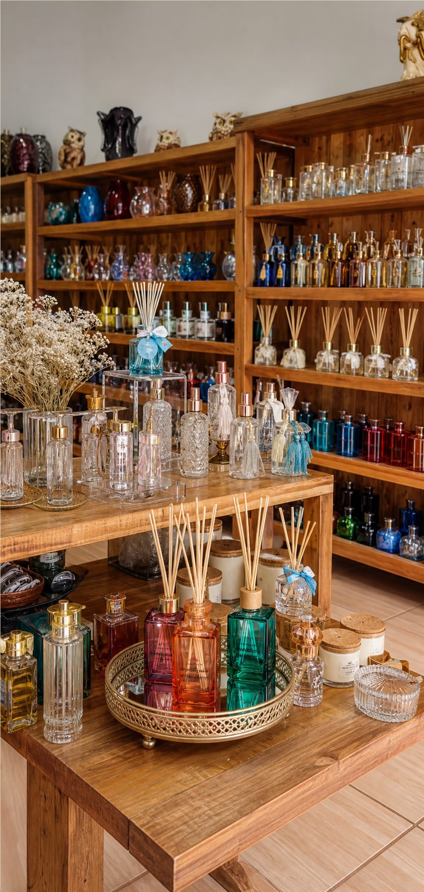 Interior acolhedor da Sonho D’Artesã com estantes de madeira, aromatizadores, velas e frascos decorativos