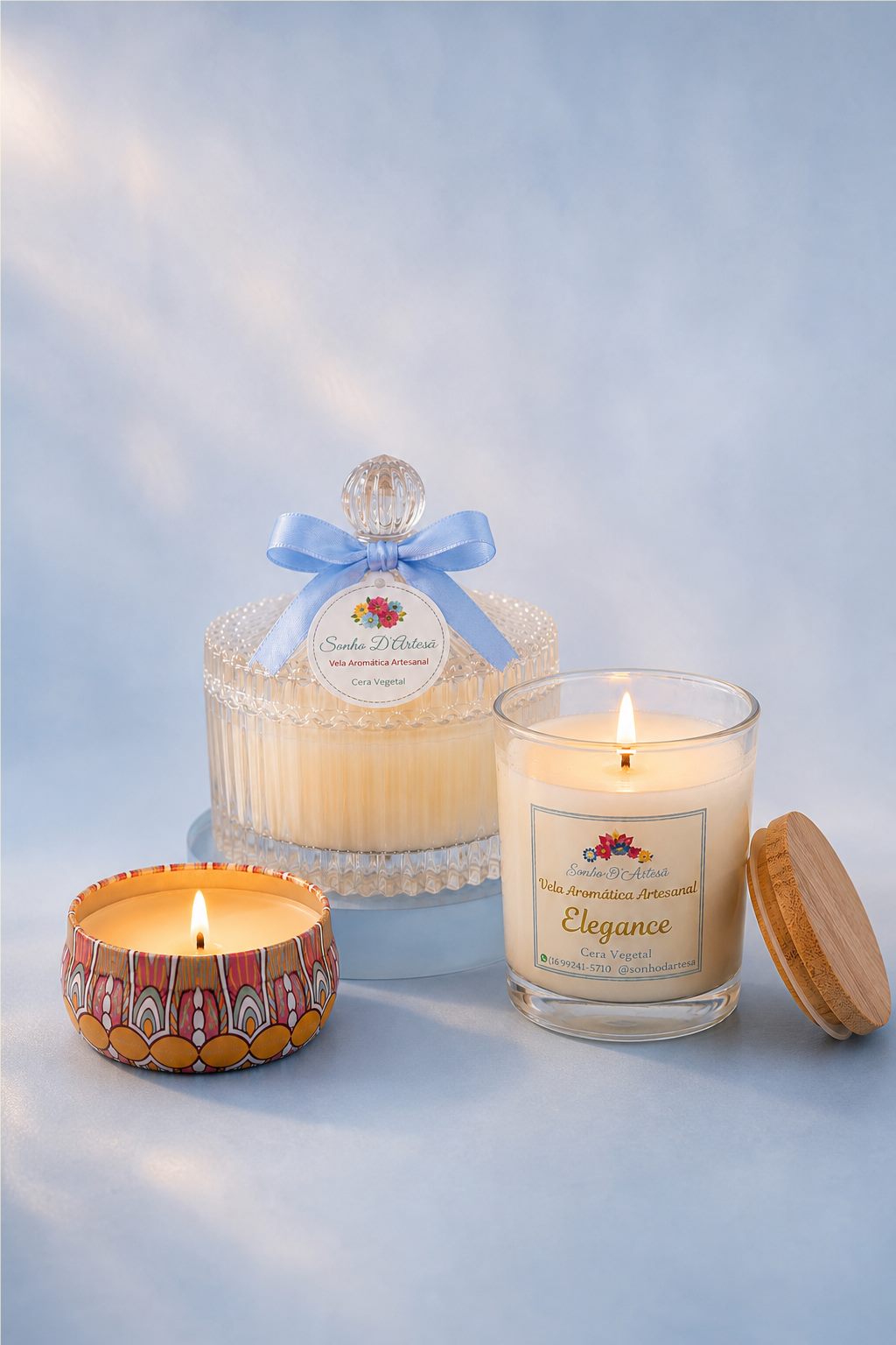 Velas artesanais aromáticas Sonho D’Artesã em lata decorada, pote de cristal e vidro com tampa de madeira